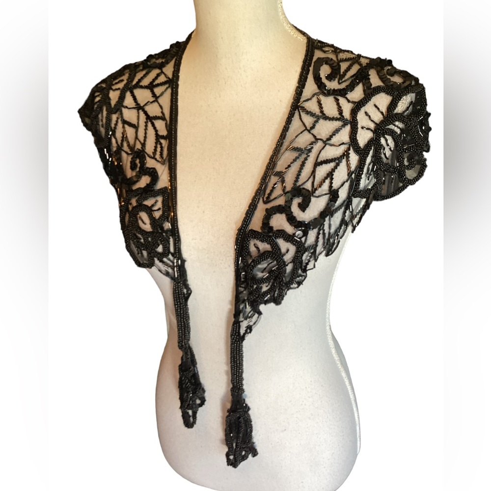 Vintage Elegant Black Lace Beaded Shawl